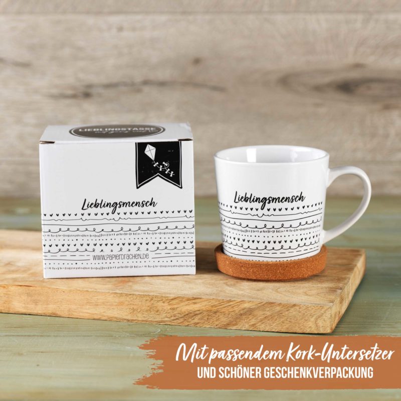 Lieblingsmensch Tasse mit Kork Untersetzer Papierdrachen