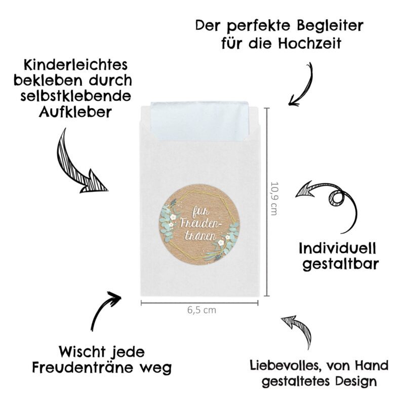 50 weiße Freudentränen Tüten inkl. Sticker