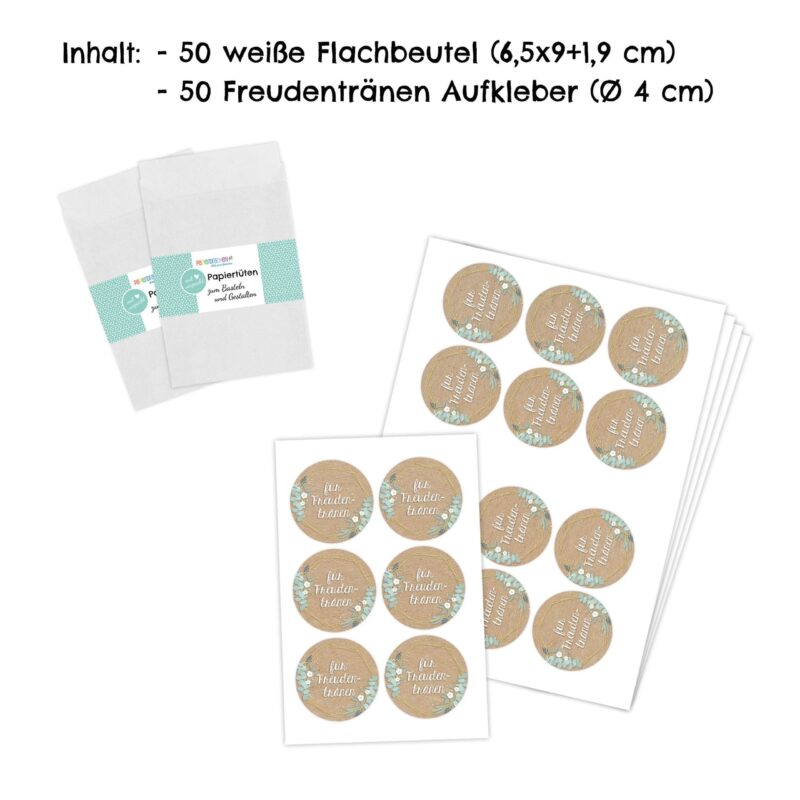 50 weiße Freudentränen Tüten inkl. Sticker