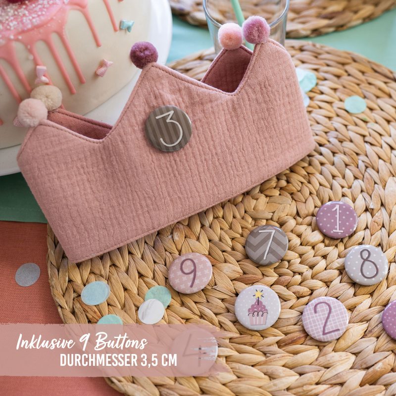 Geburtstagskrone inkl. Button 1-9 & Größenverstellbar - Musselin  Papierdrachen