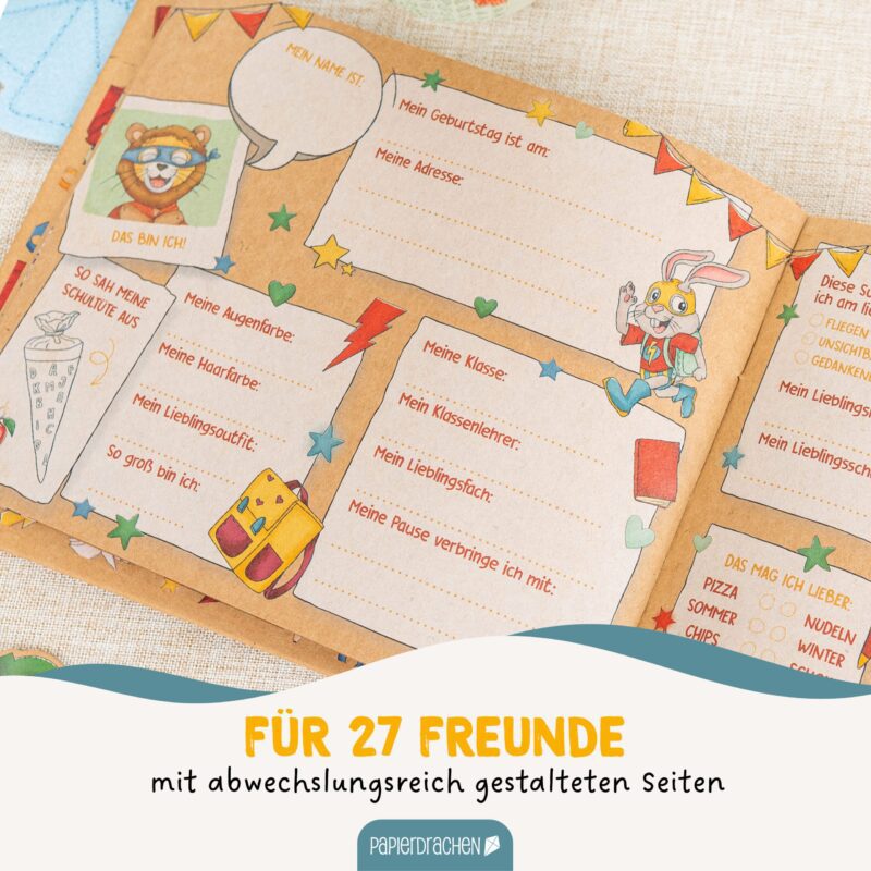 Freundebuch für die Schulzeit – Superhelden Tiere - Papierdrachen