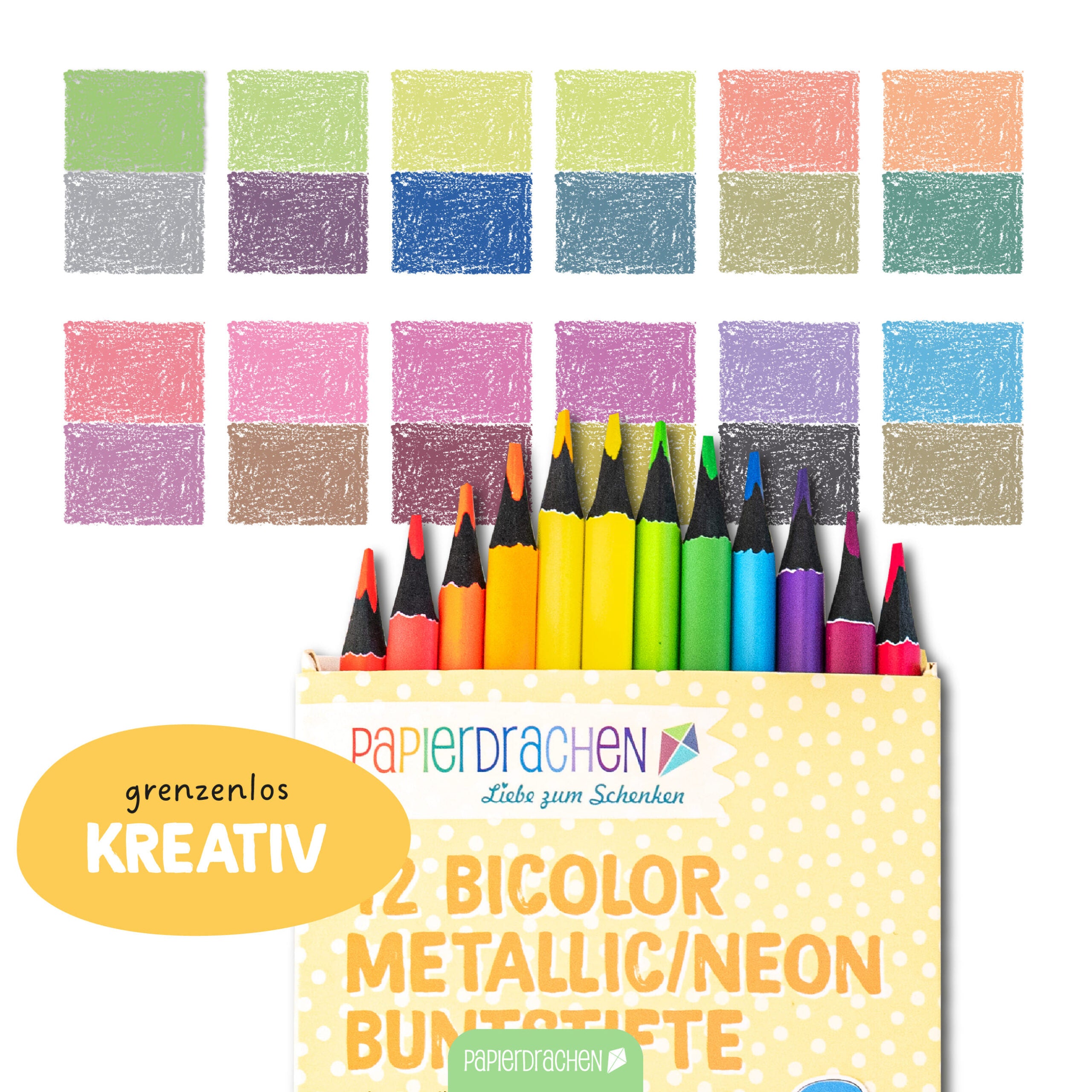 12 Bicolor Buntstifte Metallic und Neon