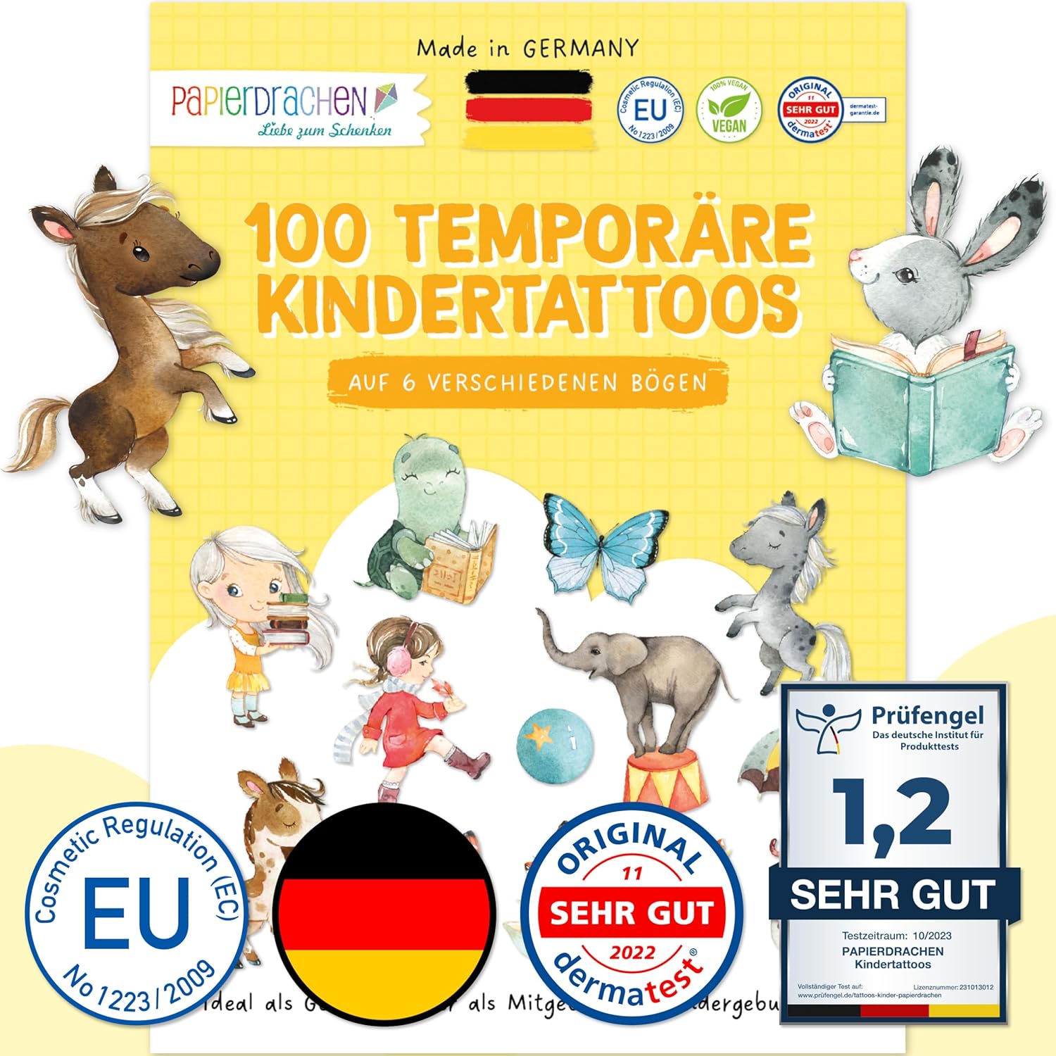 Papierdrachen 100 besonders hautfreundliche Kindertattoos - Tattoos Pferde und Lesefreunde - für Kinder - für Jungen und Mädchen - geprüft & made in Germany