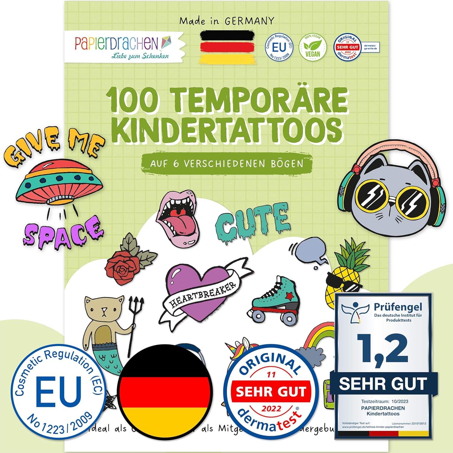 Papierdrachen 100 besonders hautfreundliche Kindertattoos - Tattoos Scrunch Doodles - für Kinder - für Jungen und Mädchen - geprüft & made in Germany