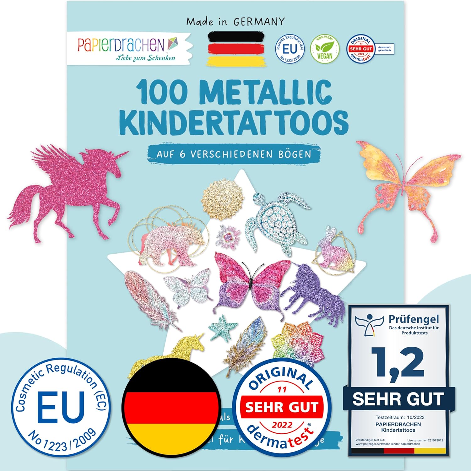 Papierdrachen 100 Metallic-Tattoos für Kinder - Hautfreundliche Kindertattoos Mandala - als Geburtstagsmitgebsel & Geschenkidee - für Jungen und Mädchen - in Deutschland hergestellt