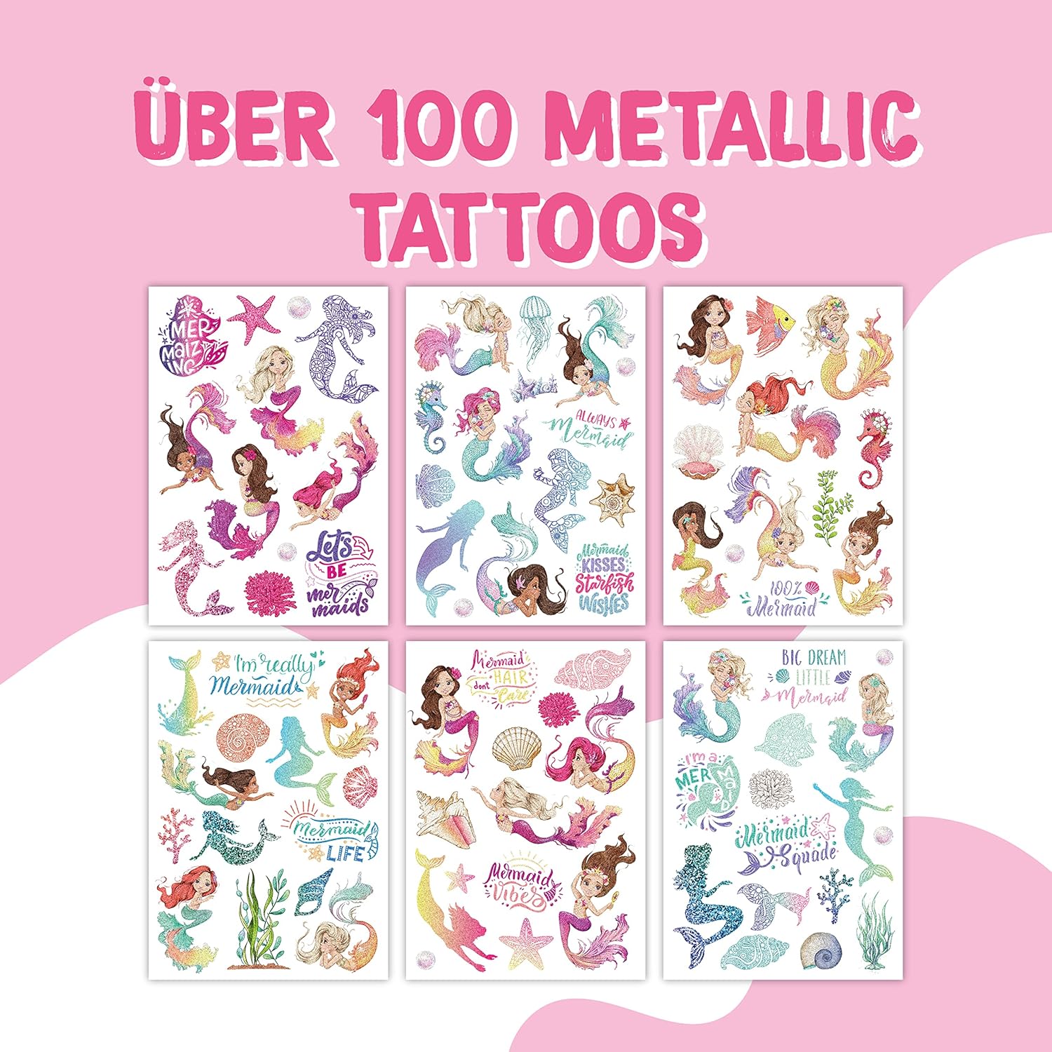 Papierdrachen 100 Metallic-Tattoos für Kinder - Hautfreundliche Kindertattoos Meerjungfrauen - Glitzer Tattoo - Geburtstagsmitgebsel - Für Jungen und Mädchen - in Deutschland hergestellt
