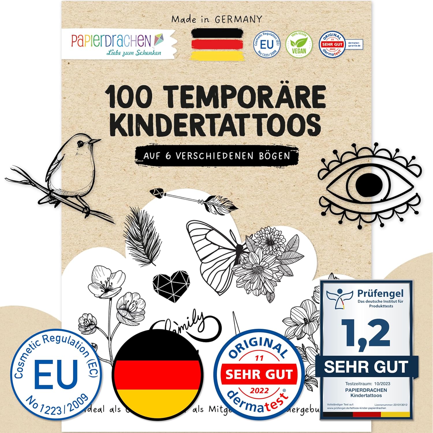 Papierdrachen 100 Tattoos zum Aufkleben - Hautfreundliche Tattoos Schwarz-weiß - stylische Designs - Für Junggesellenabschied, Mottoparty und Freizeit