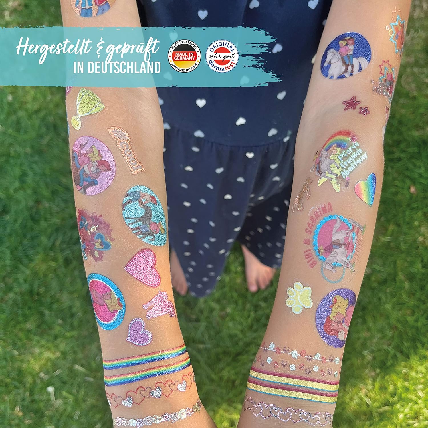 Papierdrachen 100 Metallic-Tattoos für Kinder - Hautfreundliche Kindertattoos Bibi & Tina Freundschaft - Glitzer Tattoo - Geburtstagsmitgebsel - Für Jungen und Mädchen - in Deutschland hergestellt