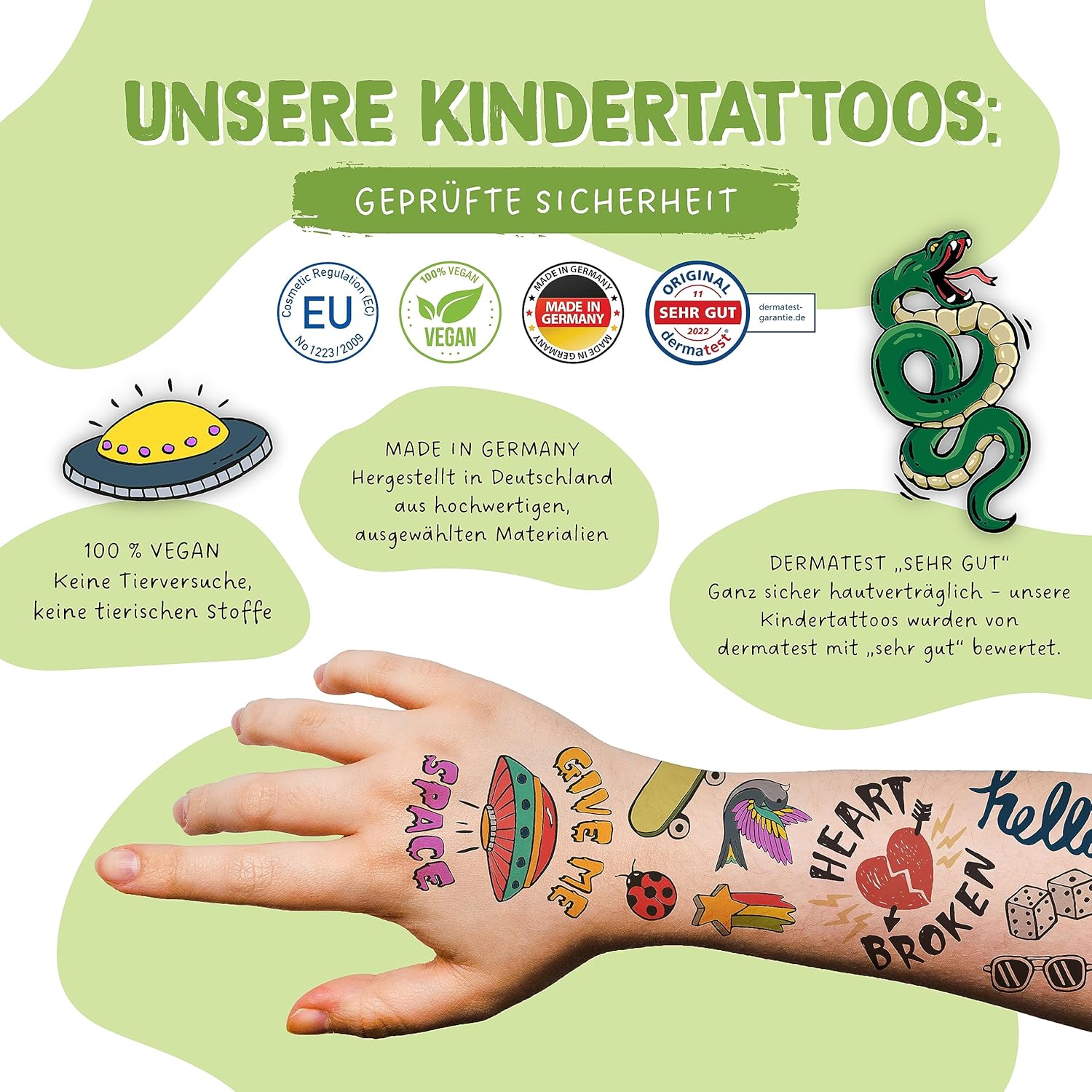 Papierdrachen 100 besonders hautfreundliche Kindertattoos - Tattoos Scrunch Doodles - für Kinder - für Jungen und Mädchen - geprüft & made in Germany