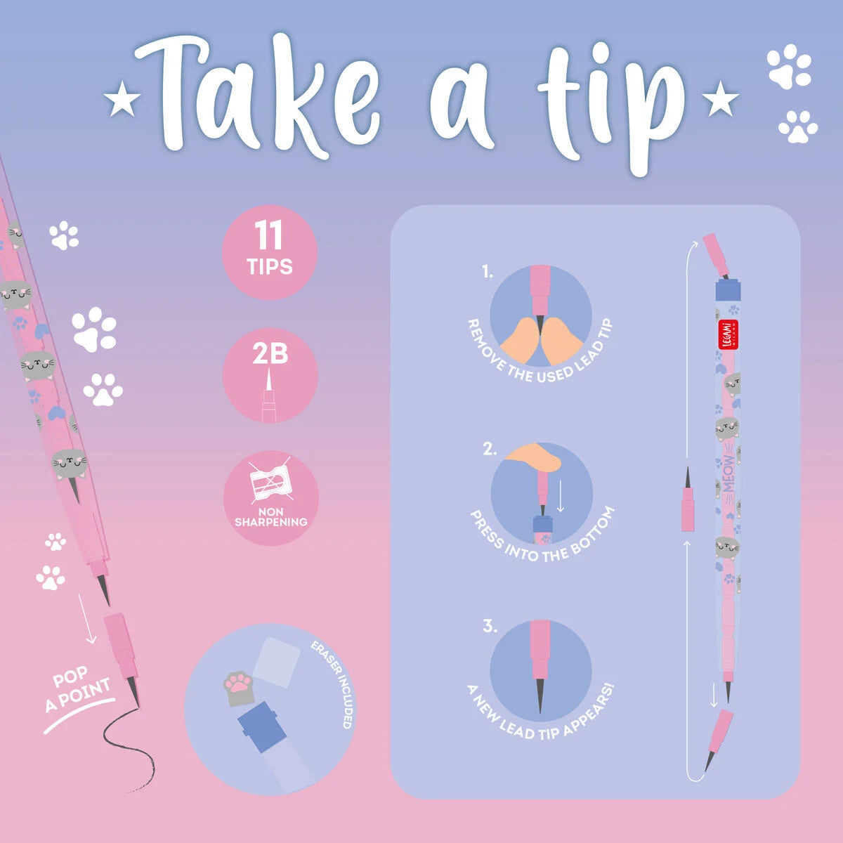 Katze Stapelbarer Bleistift mit Eraser - Tipp - Legami