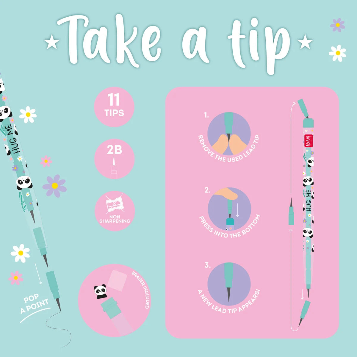Panda Stapelbarer Bleistift mit Eraser - Tipp - Legami