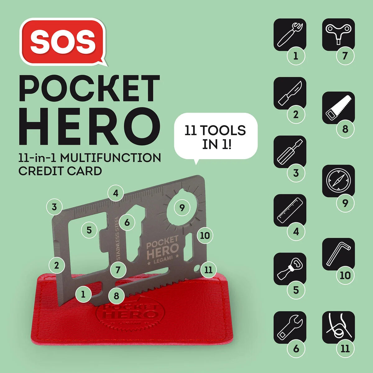 11-in-1-Multifunktionswerkzeug aus Stahl - SOS Pocket Hero