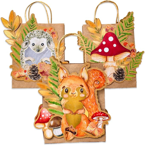 3 Tütenlaternen zum Selber Basteln - Henkeltüten mit Transparentpapier - Waldtiere Aquarell  -  Set 6