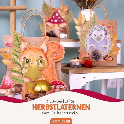 3 Tütenlaternen zum Selber Basteln - Henkeltüten mit Transparentpapier - Waldtiere Aquarell  -  Set 6