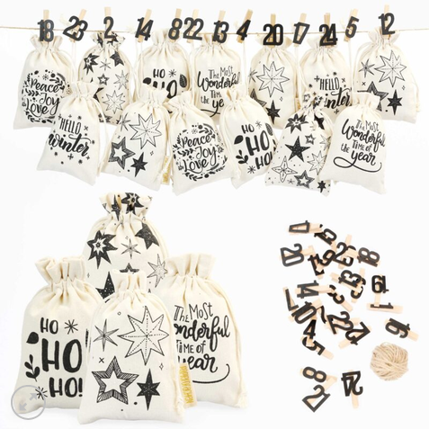 Adventskalender Stoffsäckchen – Hello Winter mit schwarzen Zahlen