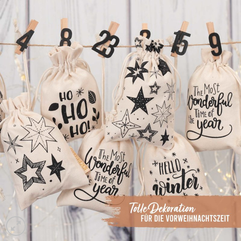 Adventskalender Stoffsäckchen – Hello Winter mit schwarzen Zahlen