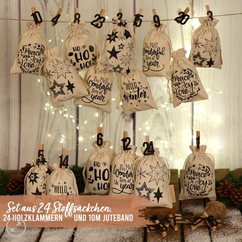 Adventskalender Stoffsäckchen – Hello Winter mit schwarzen Zahlen