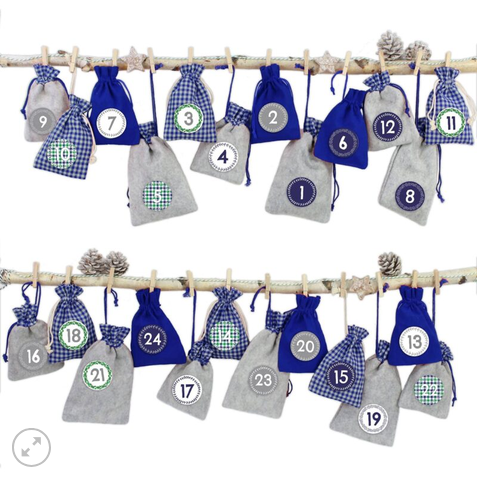 24 Adventskalender Stoffsäckchen – zum Aufhängen – Landhausstil blau