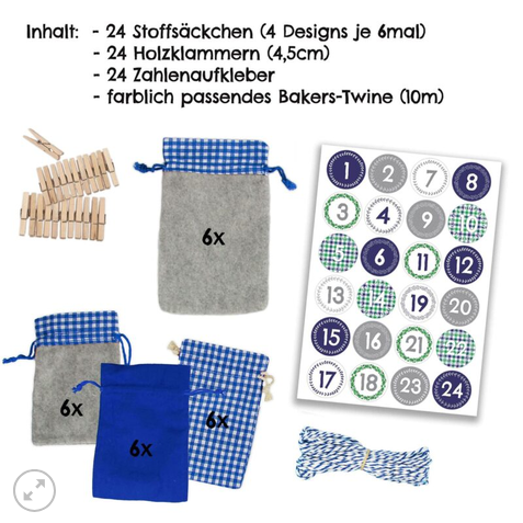 24 Adventskalender Stoffsäckchen – zum Aufhängen – Landhausstil blau