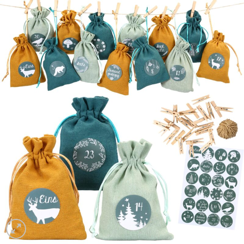 Adventskalender Stoffsäckchen – Petrol mit Zahlenaufklebern von 1-24