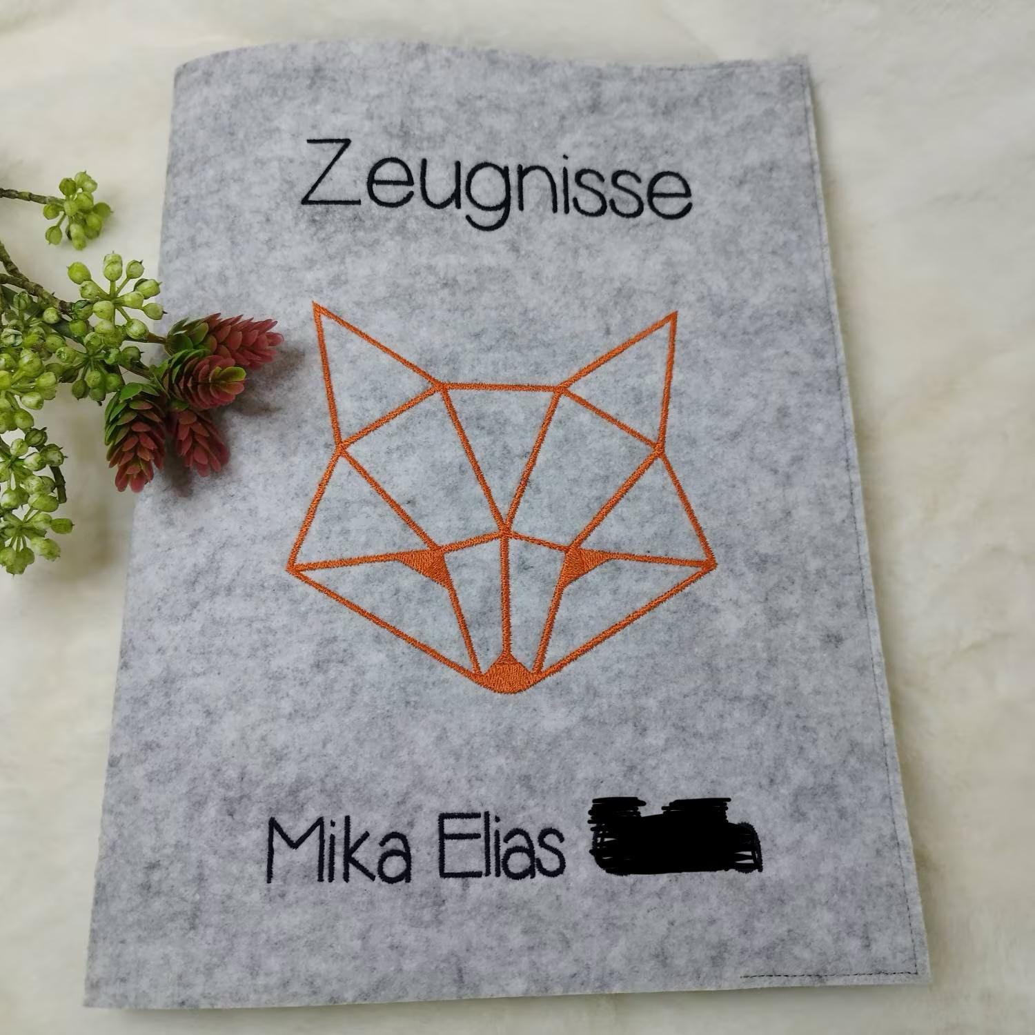 Zeugnismappe Fuchs Wunschfarbe mit Name  bestickt